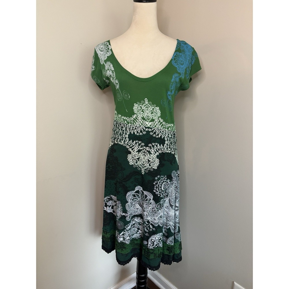 Desigual Liz Verde Dress Green Paisley Mandala Scoop Neck A-Line Knit Sz Large L
